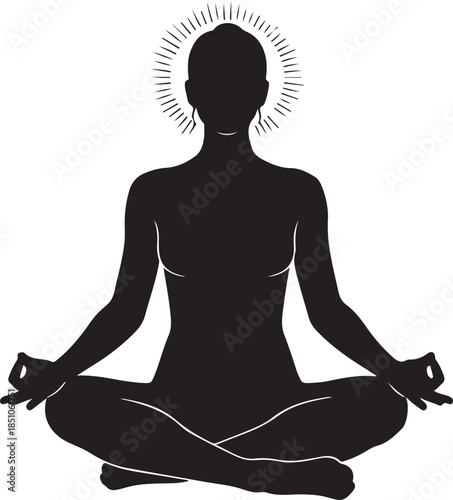 Female Yoga Meditation Silhouette in Lotus Pose on White Background.