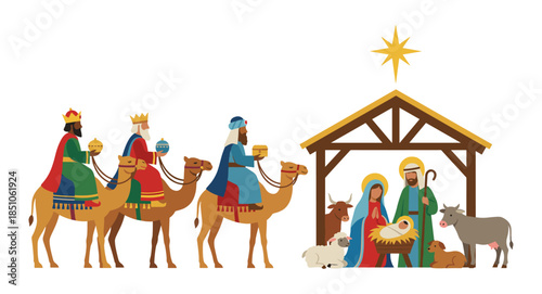 Three Wise Men traveling to nativity scene with Star of Bethlehem