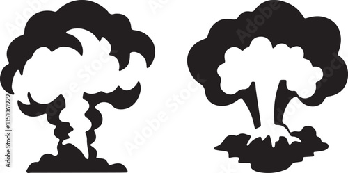 Two stylized black and white illustrations of mushroom cloud explosions