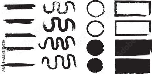 A collection of various black and white brush strokes and shapes for artistic and design purposes