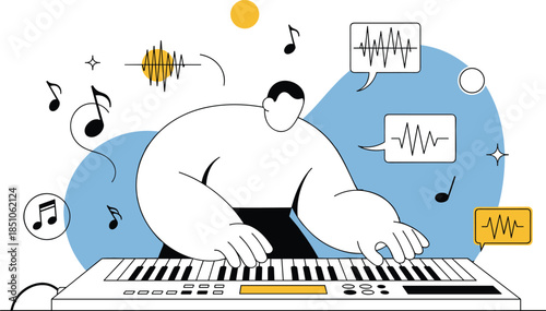 Vector Musician Playing Keyboard Instrument Indoors, Modern Studio, Creative Art View