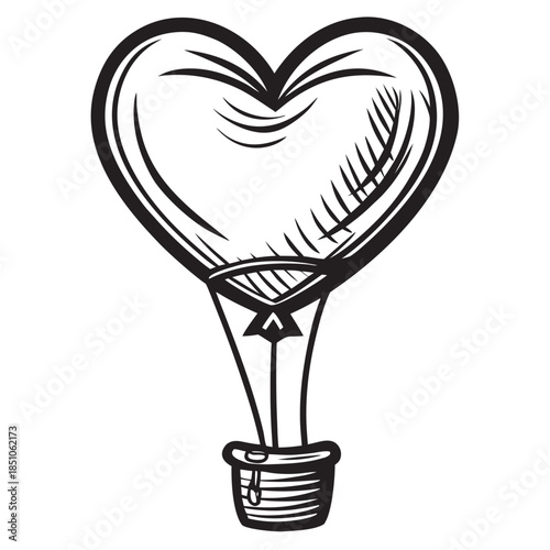Black and white vintage style heart shaped hot air balloon illustration ready for print