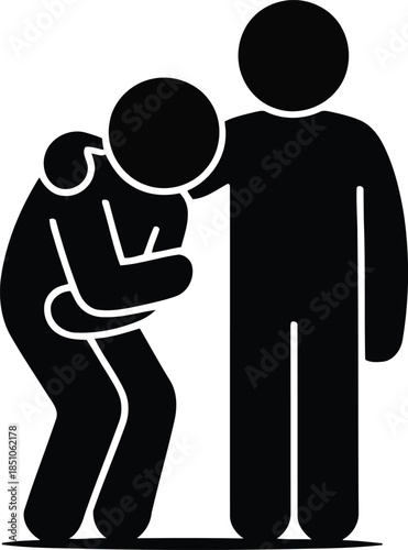 A black silhouette graphic illustrates one person helping another suffering from stomach pain or discomfort