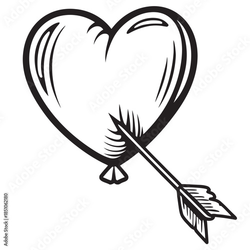 Black and white vintage style heart balloon pierced by an arrow graphic design element