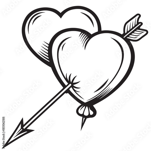 Black and white graphic illustration of two hearts pierced by a cupid's arrow in vintage style