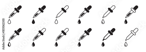 Dropper with liquid drop vector illustration set medical and chemical pipette tool icon