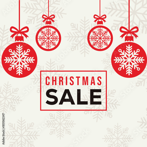 Festive Christmas sale poster with bold SALE and end of season text on a light background, featuring hanging red baubles with white snowflake icons, ideal for winter holiday retail and online promotio