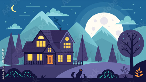 Night Mountain House Landscape with Full Moon and Forest