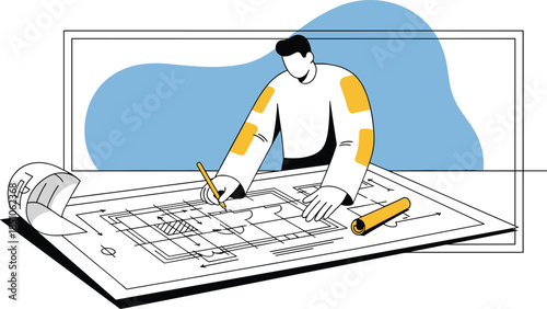 Vector Architect Drawing Blueprint Plan, Workspace Interior, Perspective