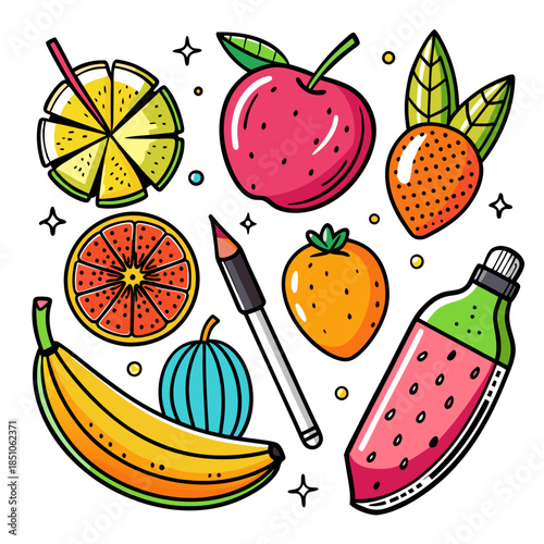 Fresh fruit and berry set. Healthy dessert exotic diet. Juicy mango and watermelon and strawberry. Organic tropical grapes and pomegranate for summer cute doodle design. Vector cartoon isolated set.