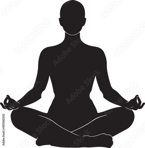 Female Yoga Meditation Silhouette in Lotus Pose on White Background.