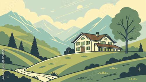 Cozy Countryside House Landscape Illustration with Hills and Trees