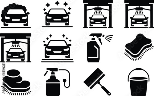 A comprehensive collection of black icons illustrates various stages and tools for a thorough car wash