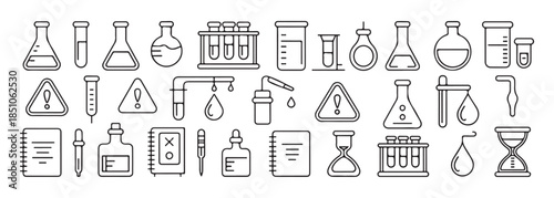 Collection of laboratory glassware icons, chemistry research equipment, science experiment tools