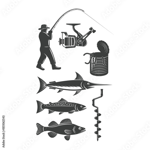 A comprehensive collection of fishing icons showcasing gear, bait, and various fish species isolated on white background, Vector