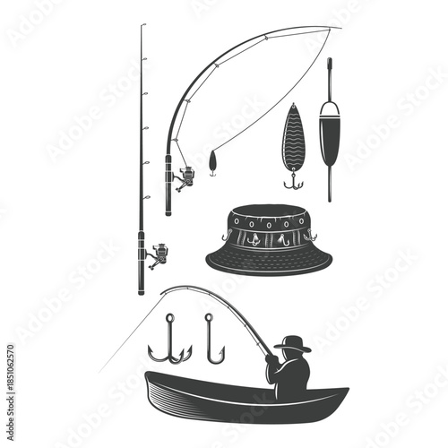 Essential fishing gear and a silhouette of an angler enjoying a peaceful day on the water isolated on white background, Vector