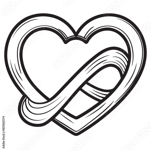 Black and white stylized heart shape intertwined with an infinity knot symbolizing eternal love and connection