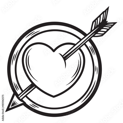Black and white stylized graphic icon depicting a heart pierced by an arrow within a circular frame