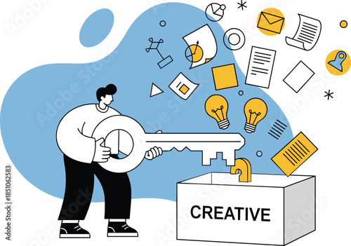Vector Illustration of Creative Ideas Key Unlocking Innovation Box in Office