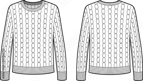 Cable knit sweater fashion technical sketch vector illustration isolated apparel design template for winter clothing catalog stock use marketplace commercial