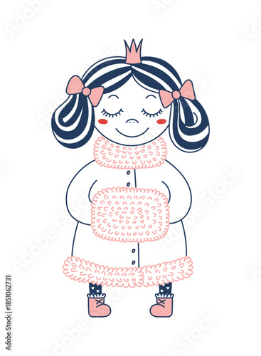 Cute little girl in warm clothes, crown isolated on transparent. Line drawing. Hand drawn vector illustration. Funny cartoon character. Traditional Christmas, New Year, winter design element, clip art