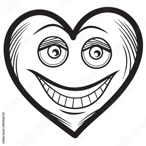 Black and white cartoon heart with a wide goofy grin and happy slightly squinted eyes for coloring
