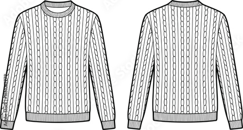 Cable knit sweater fashion technical sketch vector illustration isolated apparel design template front back view winter clothing stock marketplace commercial