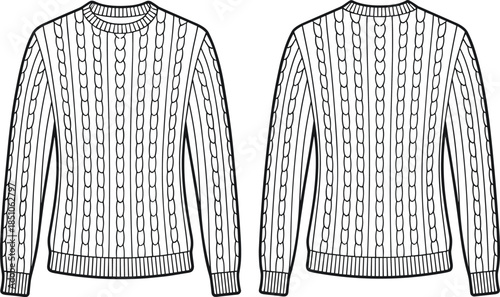 Cable knit sweater fashion technical sketch vector illustration isolated apparel design template front back view winter clothing stock marketplace commercial