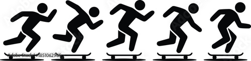 A sequence of five black silhouette figures dynamically skateboarding across a clean white surface