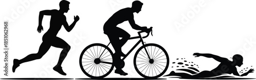 A series of black silhouettes showing a man running, cycling on a road bike, and swimming