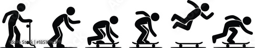 A series of black silhouettes shows a persons progression learning to ride and jump on a skateboard