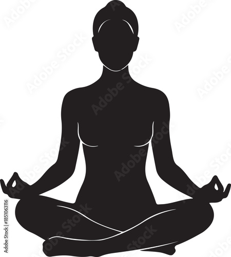 Female Yoga Meditation Silhouette in Lotus Pose on White Background.
