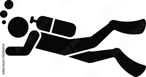 A striking black silhouette of an underwater scuba diver with an oxygen tank and rising bubbles