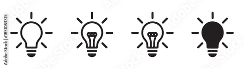 set of four black and white line art lightbulb icons with varying filament details