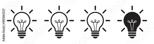 set of four black and white line art lightbulb icons with visible filament and radiating lines