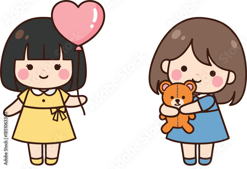 Cute Girl Character Vector Illustration Collection with Balloon and Teddy Bear Toy
