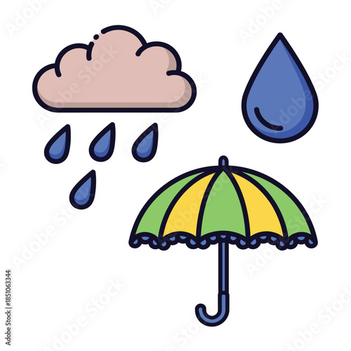 Colorful cartoon illustration of umbrella rain cloud and raindrops