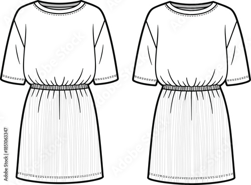 Women midi dress, fashion technical sketch, vector illustration, isolated apparel design template, front back view, casual clothing stock marketplace commercial