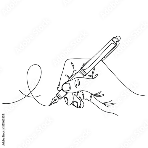 A hand holding a fountain pen and writing on a pure with ink