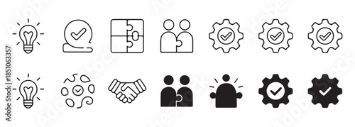 Business success and teamwork icons with light bulb puzzle handshake and gear