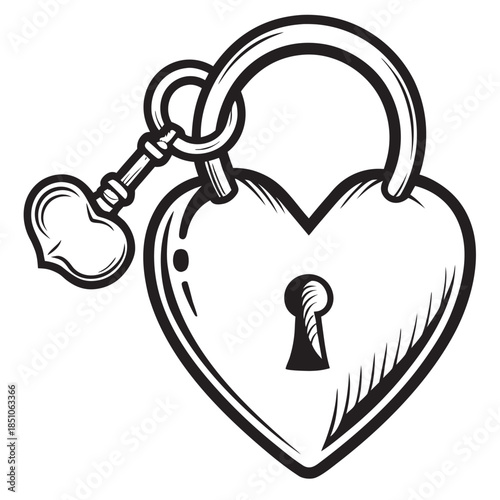 Vintage heart shaped padlock with key illustration in bold black and white tattoo style design