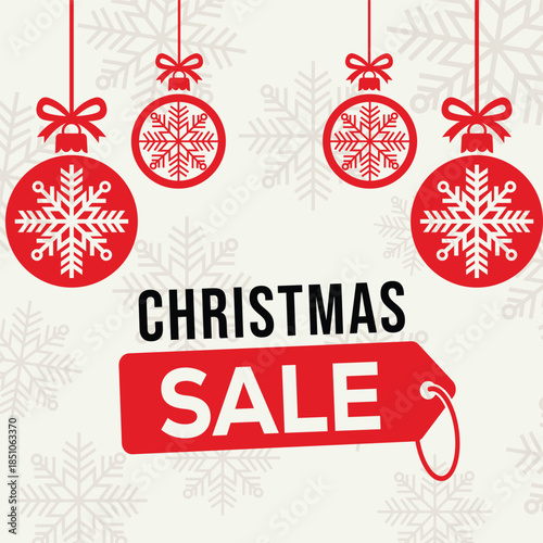 Festive Christmas sale poster with bold SALE and end of season text on a light background, featuring hanging red baubles with white snowflake icons, ideal for winter holiday retail and online promotio