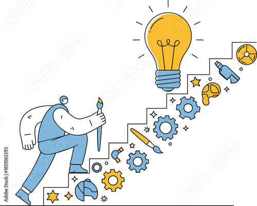 Vector Illustration of Business Growth Stairs with Idea Concept, Workplace View