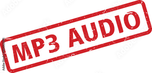 Red MP3 Audio Stamp on White Background, Imperfect Texture, Multimedia Concept, Technology Sign