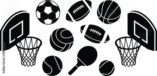 Monochrome silhouettes of popular sports equipment like balls rackets and basketball hoops on white