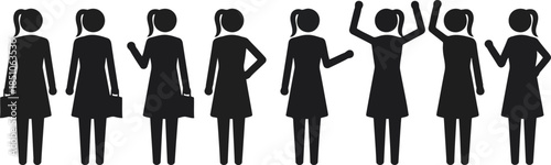 Nine female silhouettes wearing dresses strike different poses, some triumphant, some holding a briefcase, on white