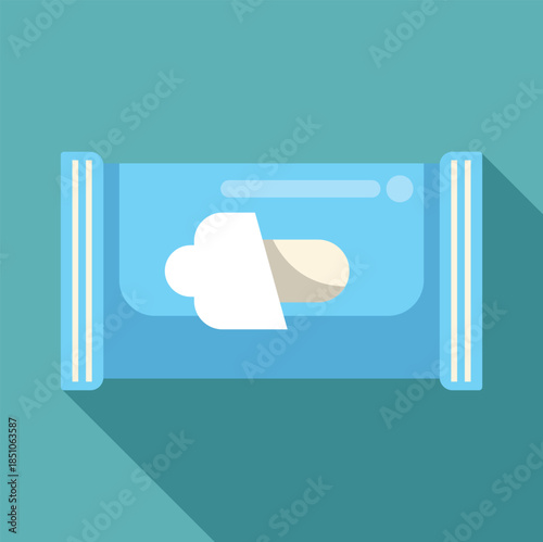 Flat design illustration of wet wipes in a blue package, ideal for baby care and sanitary use