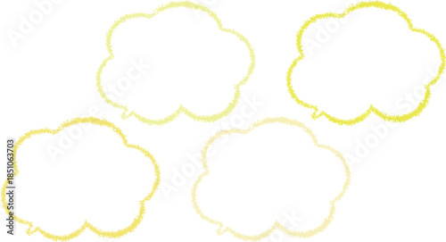 微妙に色が異なる黄色のクレヨンで描いた、雲の形の吹き出しセット。手描き風。