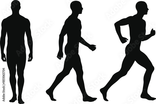 Three black male human silhouettes demonstrating standing, walking, and vigorous running