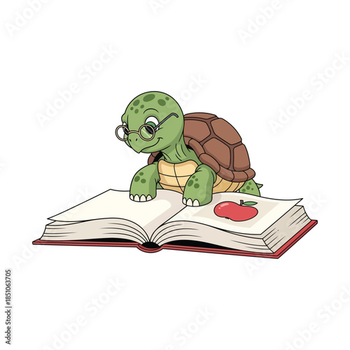 A charming illustration of a turtle deeply engrossed in reading a book